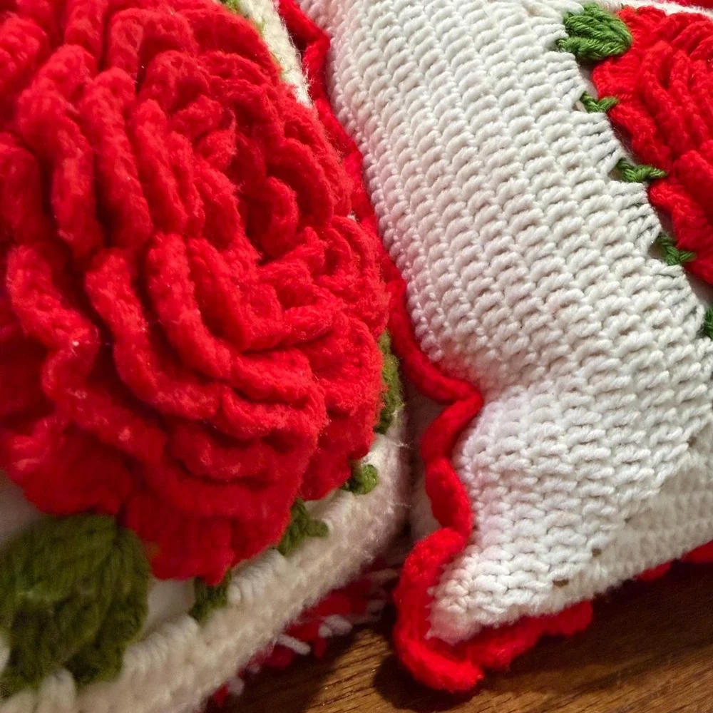 Vintage Handmade Crochet 3D‎ Rose Throw Pillows Set of 2 White & Red